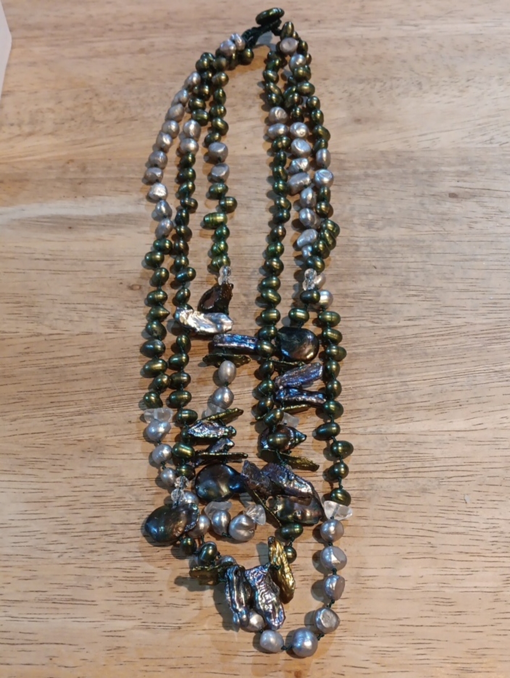 Multi-Strand Baroque Pearl Necklace in Green and Silver